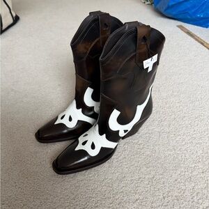 NWT MANGO MNG BLACK WHITE LEATHER COWBOY BOOTS  SZ 40 US 9 NWT
